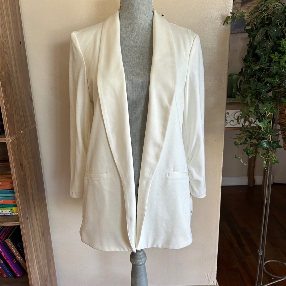 Bar III Blazer Women XL Ivory NEW Ruched Sleeve Shawl Collar Open Front Casual